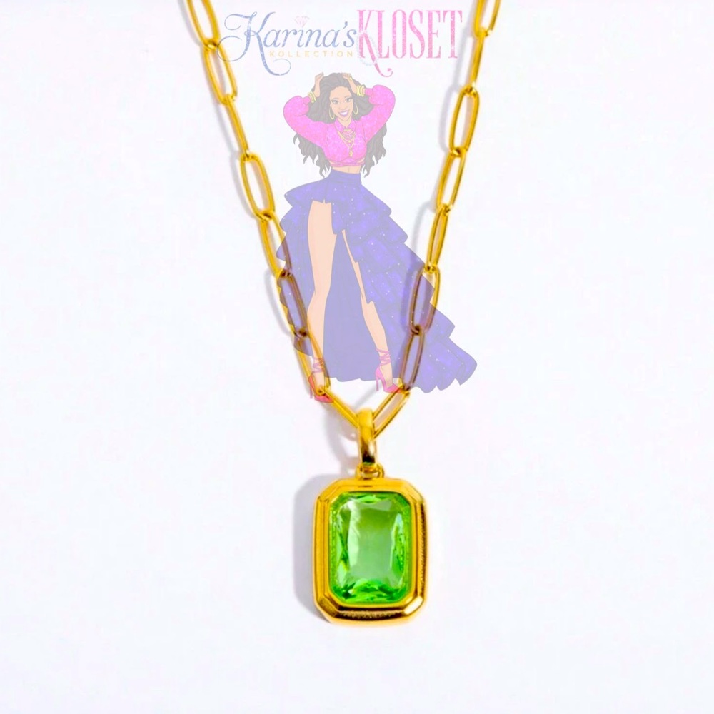 💚 Peridot Diamanté Gold Pendant on Gold Clip Necklace